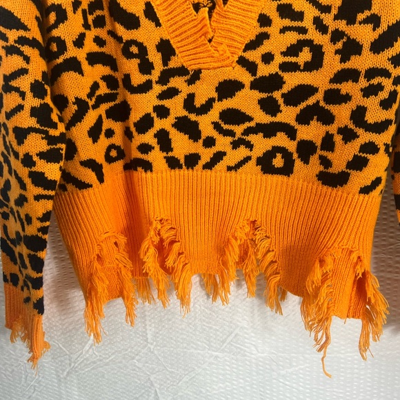Cheetah Print Women's Fringe Drop Sleeve Crop Sweater Orange  Size L - Picture 5 of 13